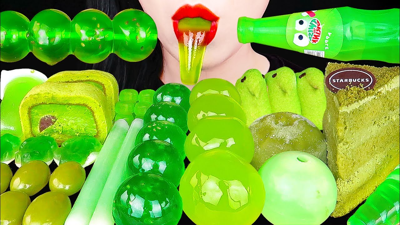 ASMR GREEN DESSERTS *Nik-L-Nip WAX STICK, KYOHO JELLY, GREEN TEA CAKE COLOR FOOD EATING SOUNDS 먹방